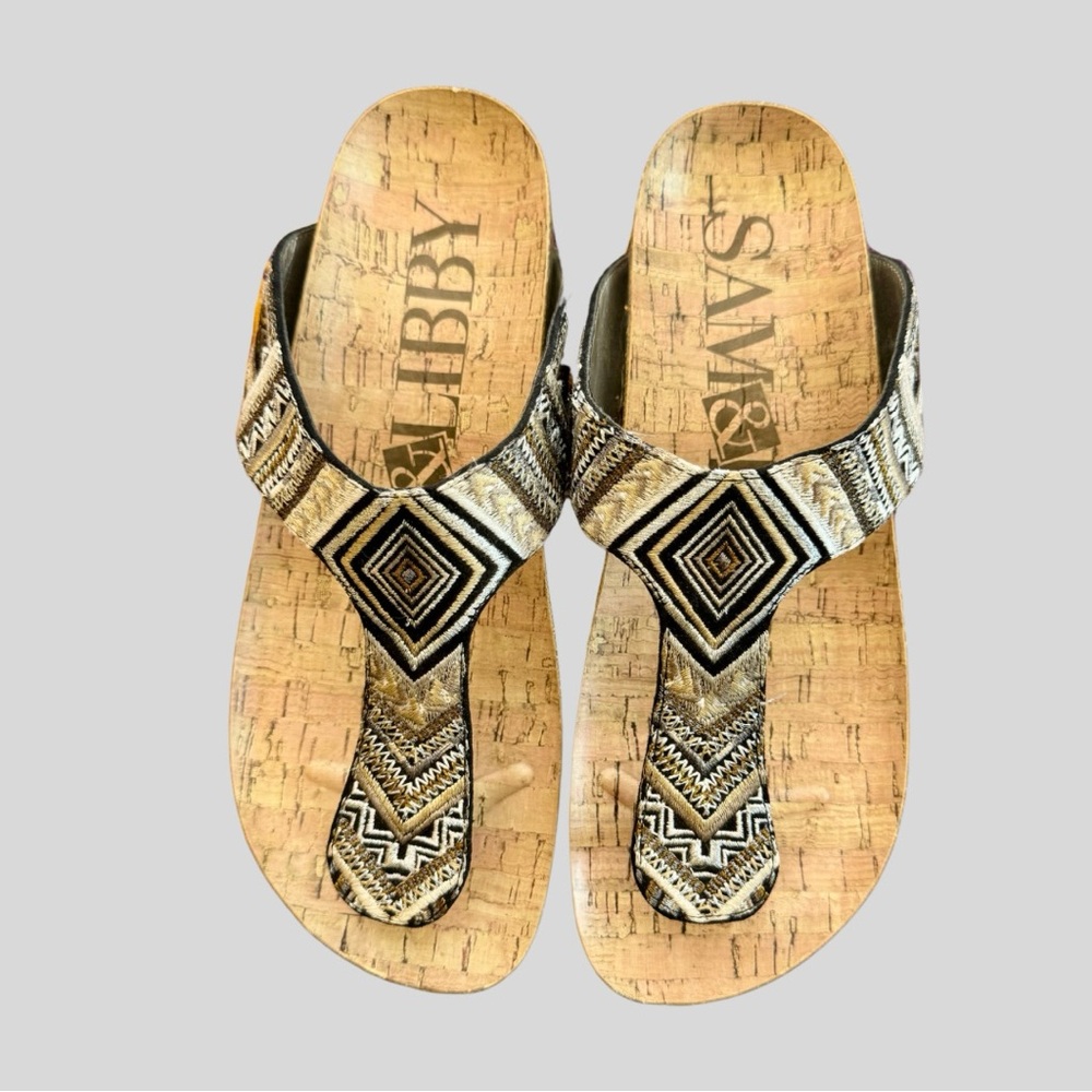 Sam & Libby - Metallic Tribal Patterned Thong Sandal, 7.5, gold, silver, black